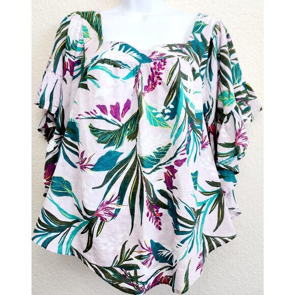 Terra & Sky Green Fuchsia Floral Print Top 14W Plus Lightweight Ruffled Sleeves - Picture 1 of 5